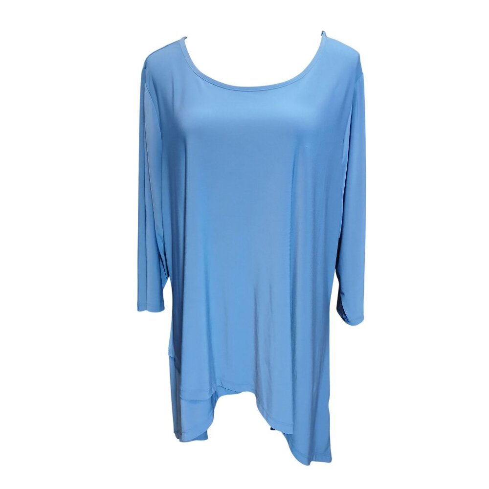 Roz & Ali Womens Liquid Knit Top Blue 3/4 Sleeve Shark Bite Stretch Plus Sz 3X